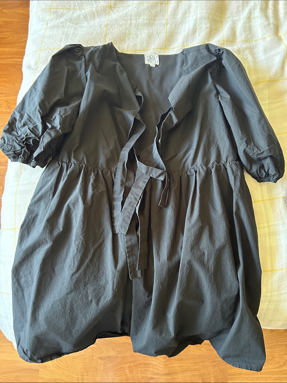 Dark Gray Puff-Sleeve Tie-Front Dress